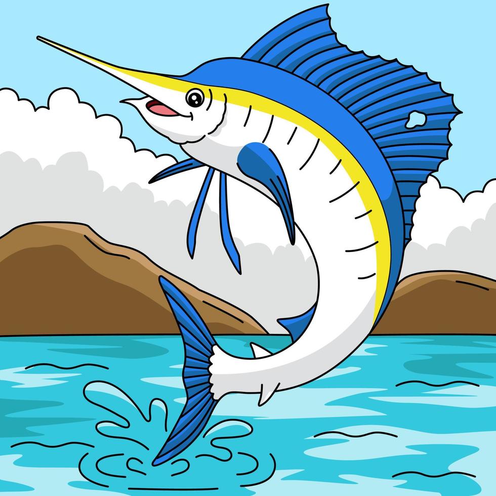 ilustración de color de dibujos animados de salto pez vela 6458133 en Vecteezy