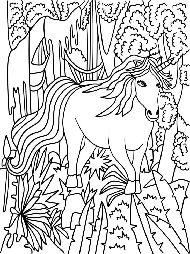 unicornio en el bosque para colorear para adultos vector