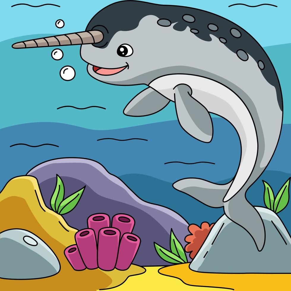Narwhal in Ocean Cartoon Colored Illustration vector