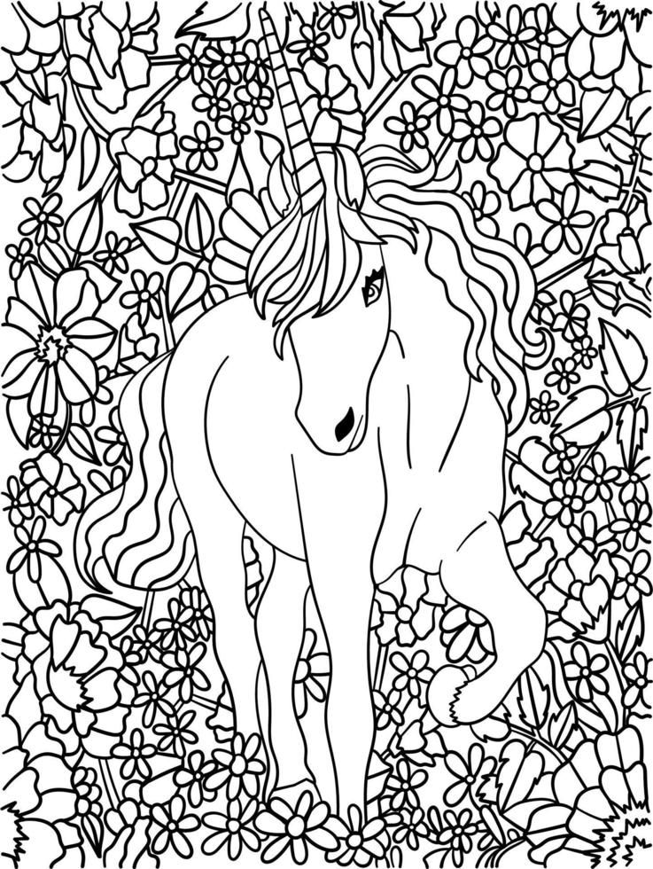 Unicorn Walking Flower Coloring Page for Adults vector