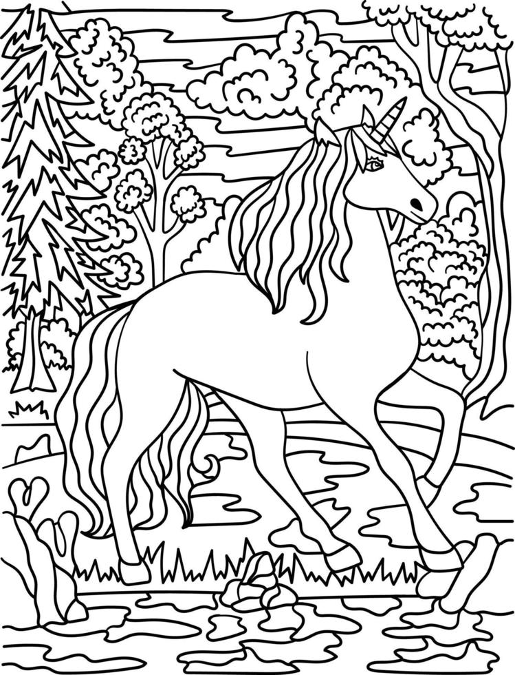 Unicorn Walking In Forest Coloring Page for Adults vector