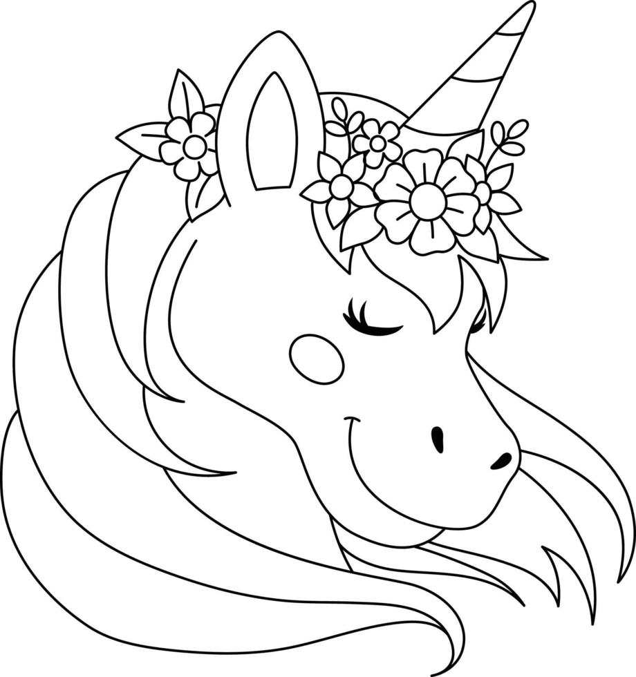 Unicorn Wearing A Flower Wreath Coloring Page vector