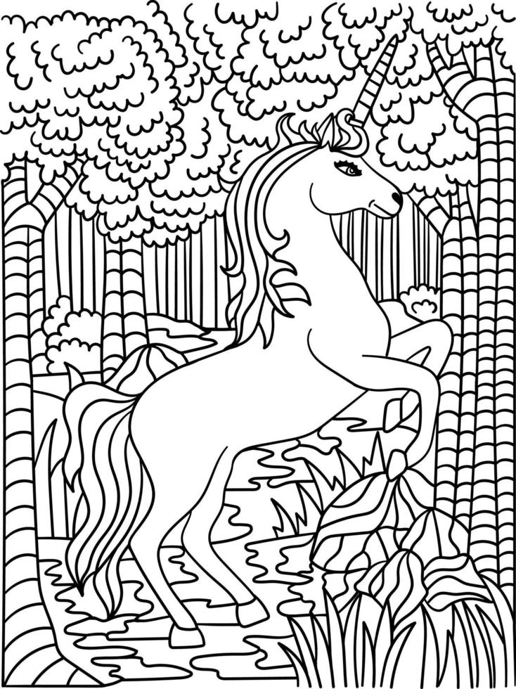 Unicorn Leaping In Forest Coloring Page for Adults vector