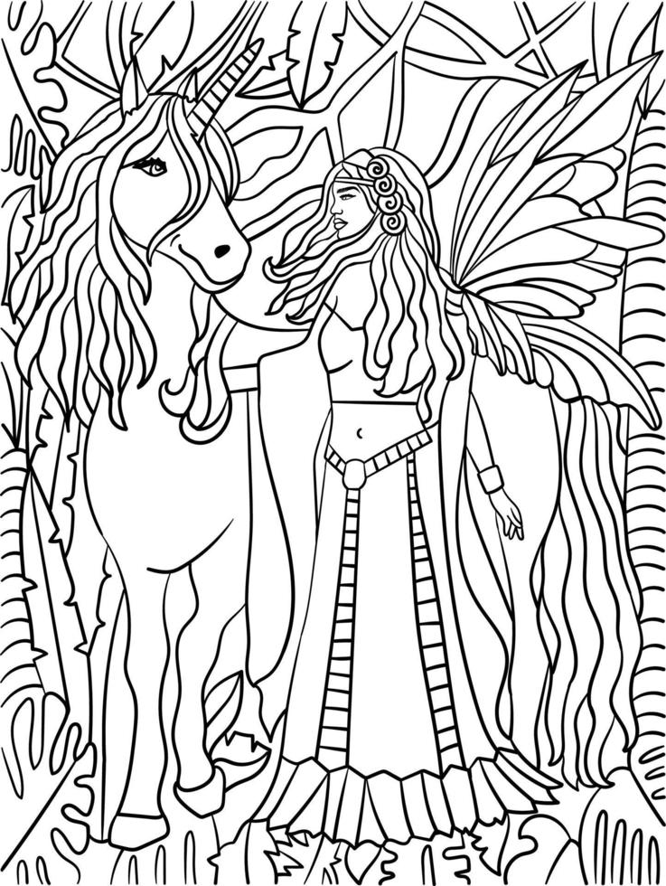 Unicorn Walking With Fairy Coloring Page for Adult vector