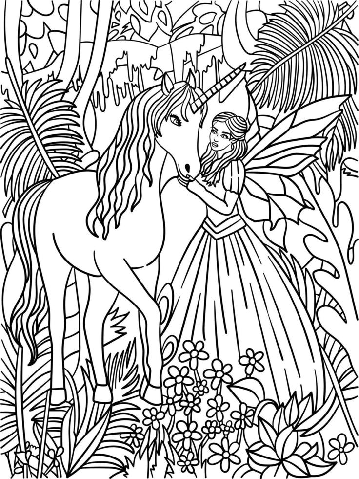 Fairy Petting Unicorn Coloring Page for Adults vector