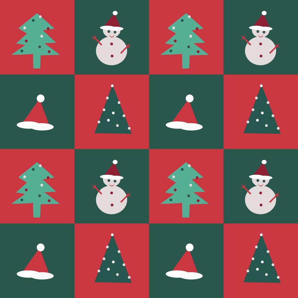 Seamless pattern of a snowman and pine tree on green and red color box background. Vector design. For textile or printing or paper, wrap use. Greeting on Merry  Christmas and happy new year's concept.