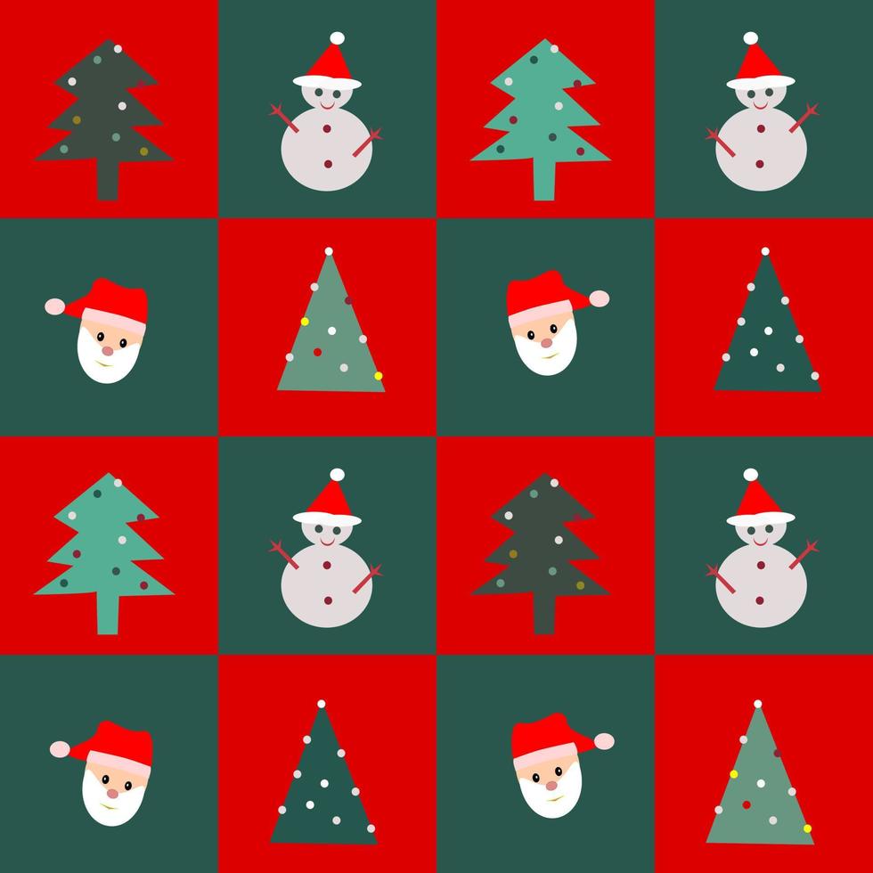 Seamless pattern of a snowman, Santa, pine tree on green and red boxes background. Vector design. For textile or printing or paper, wrap. Greeting on Merry  Christmas and happy new year's concept.