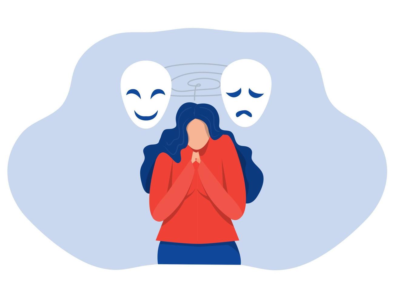 Imposter syndrome masks with happy or sad expressions.Bipolar disorder fake faces and emotions. Psychology false behavior or deceiver.vector illustrator vector