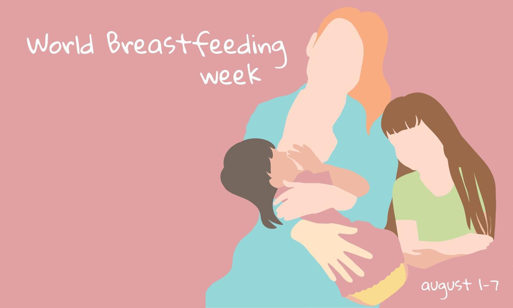 Celebration of World Breastfeeding Week, August 1-7. A young woman is breastfeeding her  baby girl, holding it in her arms. Support for nursing mothers, lactation. Banner, postcard, gift vector