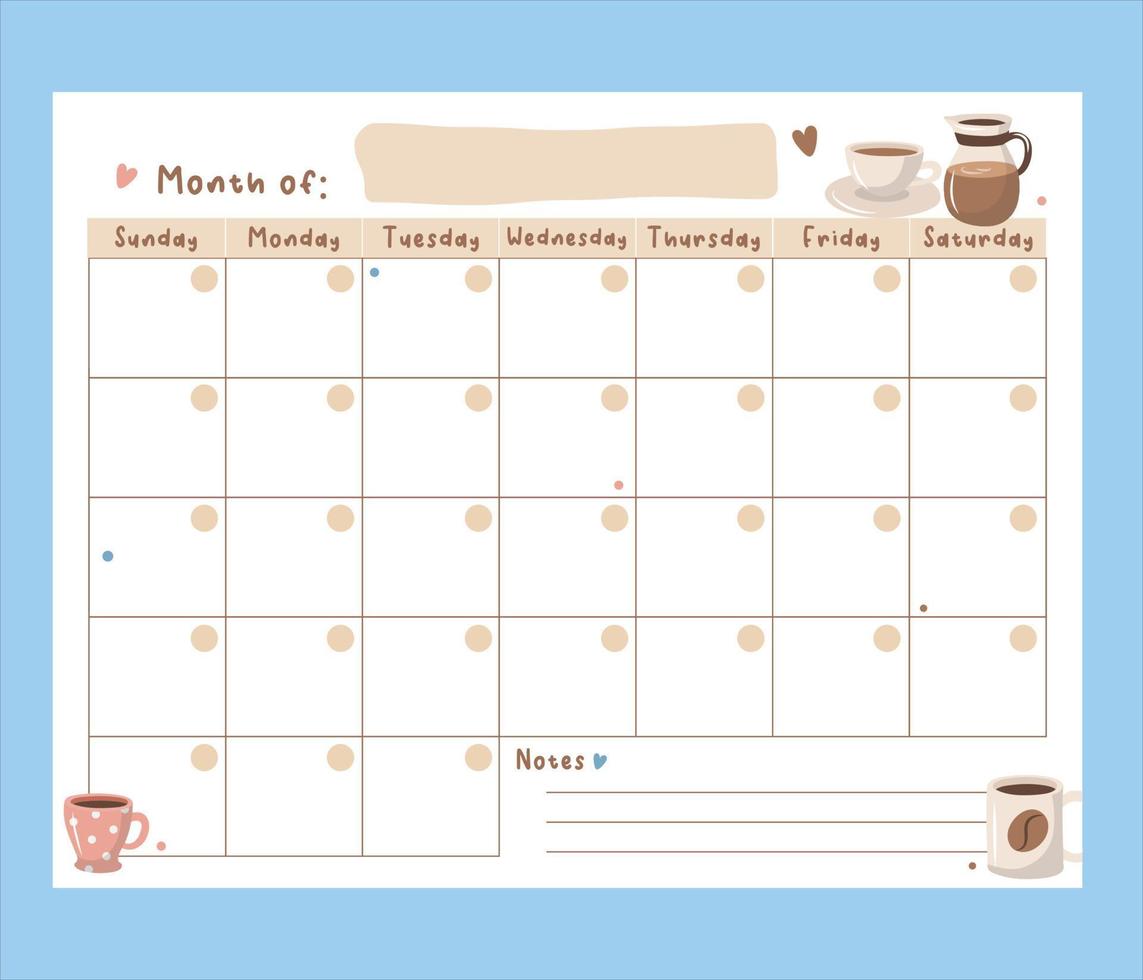 calendario abierto de café. café calendario sin fecha. amantes del café plantilla de calendario sin fecha. descarga de vectores profesionales.