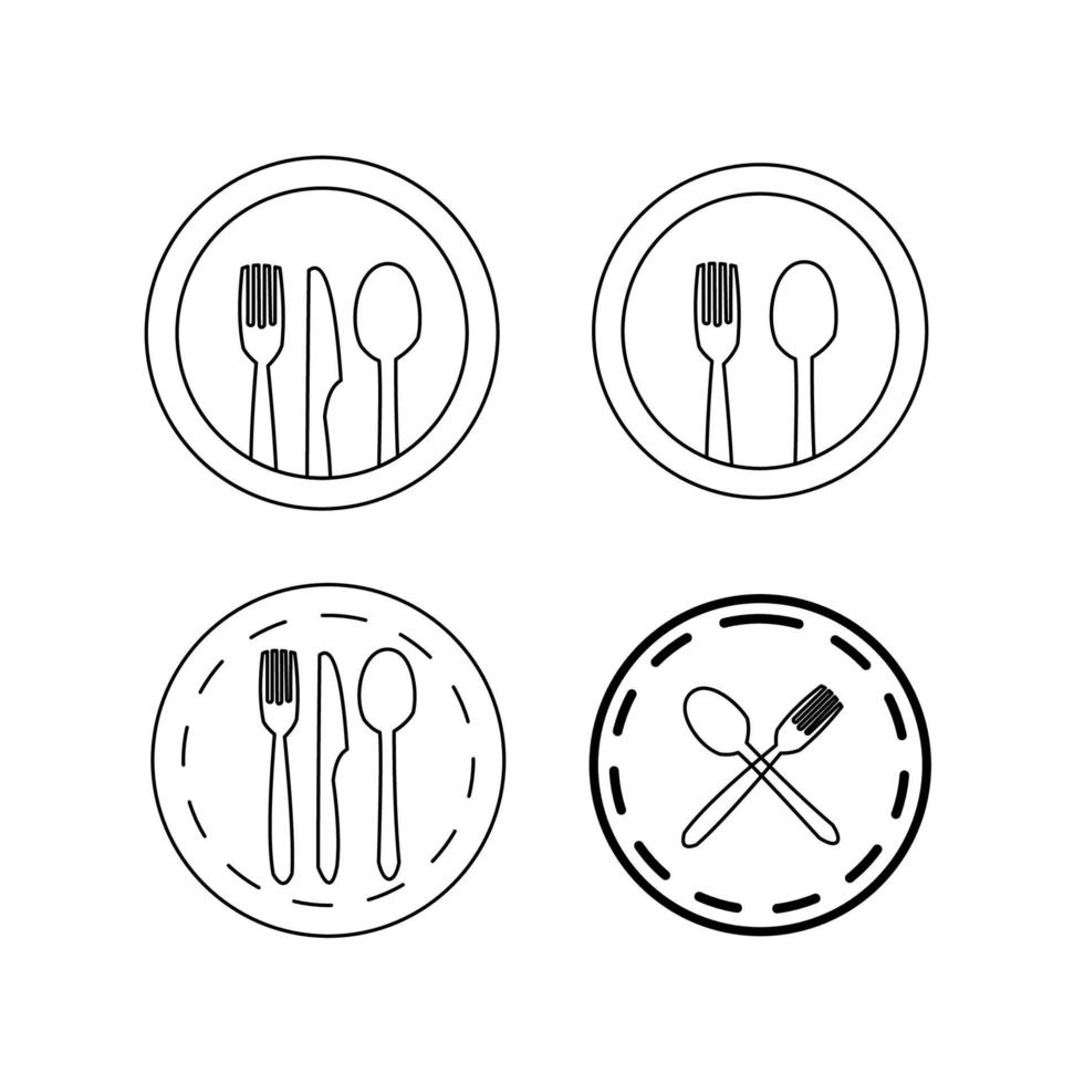 plato y cubiertos. juego de plato con tenedor, cuchara y cuchillo. iconos de cubiertos y alimentos. ilustración vectorial vector