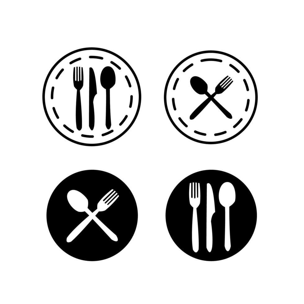 plato y cubiertos. juego de plato con tenedor, cuchara y cuchillo. iconos de cubiertos y alimentos. ilustración vectorial vector