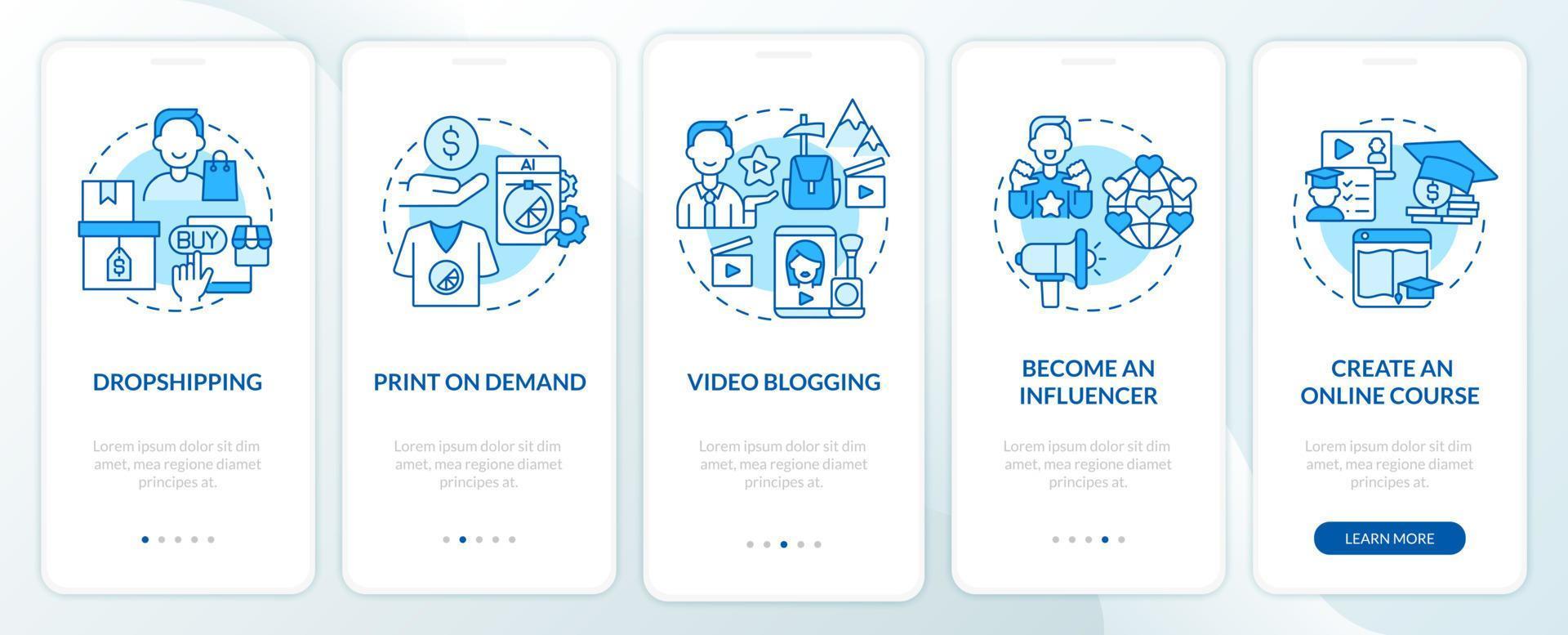 Ways to earn money online onboarding mobile app page screen. Video blogging walkthrough 5 steps graphic instructions with concepts. UI, UX, GUI vector template with linear color illustrations