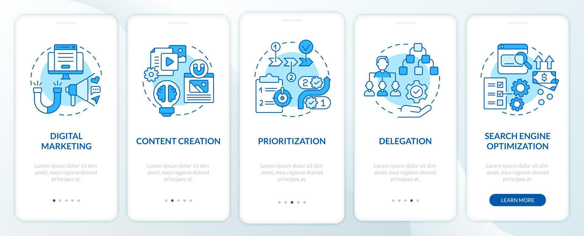 Habilidades comerciales en línea que incorporan la pantalla de la página de la aplicación móvil. tutorial de creación de contenido instrucciones gráficas de 5 pasos con conceptos. ui, ux, plantilla vectorial gui con ilustraciones en color lineal vector