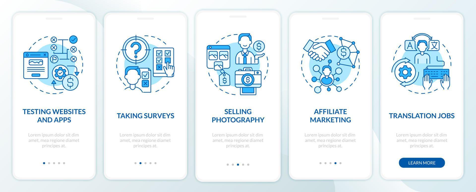 How to make profit online onboarding mobile app page screen. Testing software walkthrough 5 steps graphic instructions with concepts. UI, UX, GUI vector template with linear color illustrations