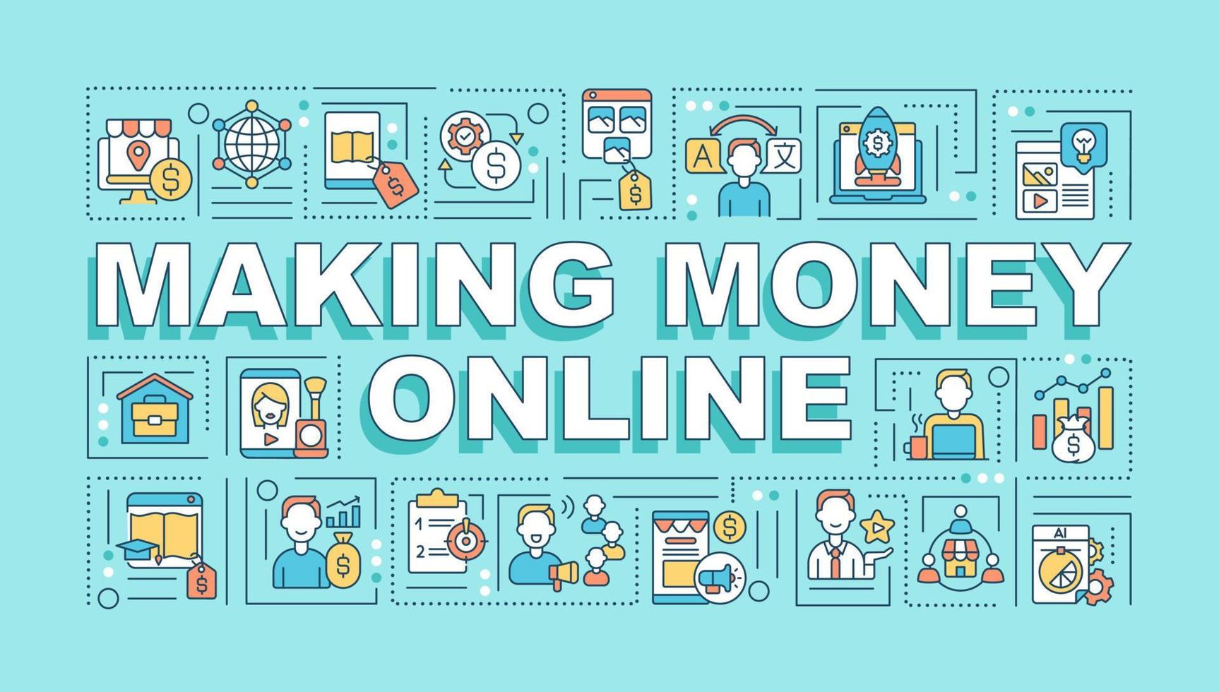 Making money online word concepts banner. Getting passive income at home. Infographics with linear icons on mint background. Isolated creative typography. Vector outline color illustration with text