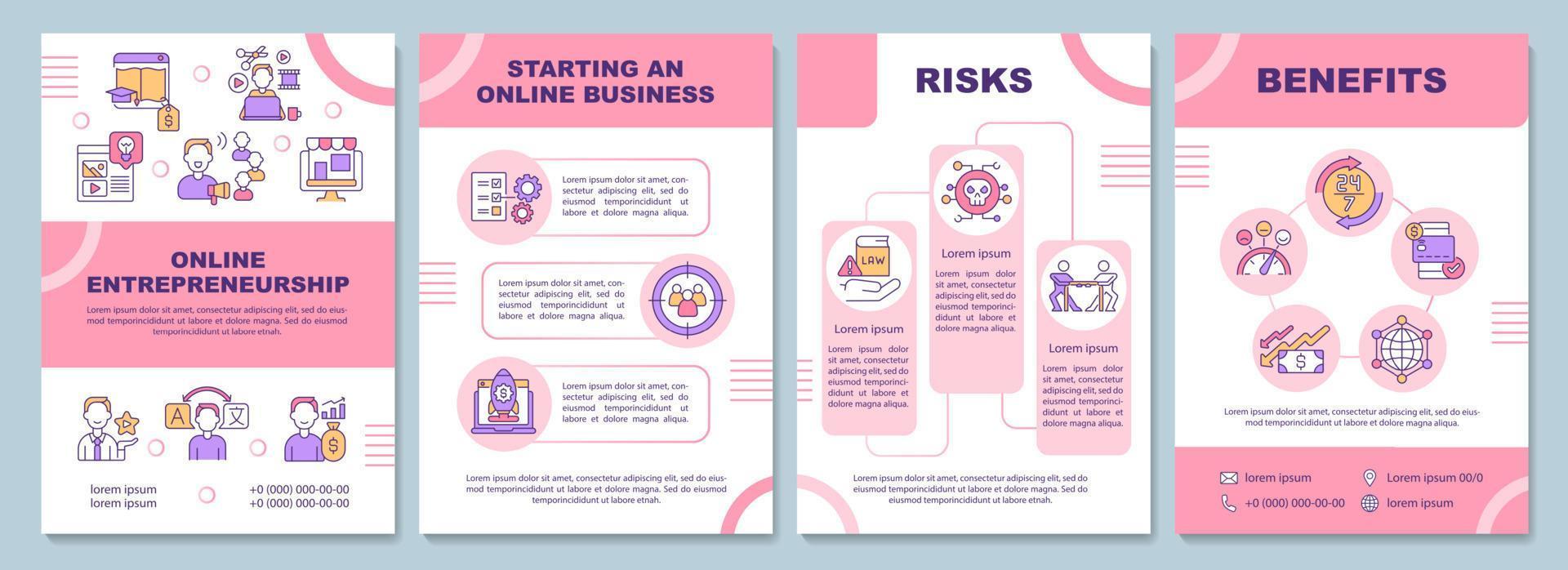 Online entrepreneurship brochure template. Risks and benefits. Flyer, booklet, leaflet print, cover design with linear icons. Vector layouts for presentation, annual reports, advertisement pages