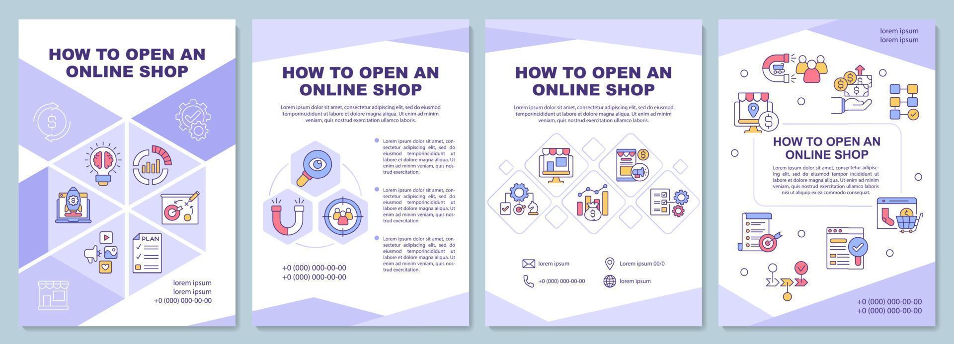 How to open online shop brochure template. Dropshipping. Flyer, booklet, leaflet print, cover design with linear icons. Vector layouts for presentation, annual reports, advertisement pages