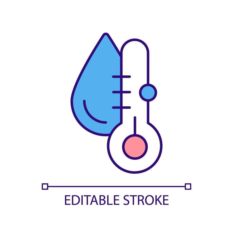 Water temperature measurement RGB color icon. Using thermometer for checking water condition. Measure hot and cold fluids. Isolated vector illustration. Simple filled line drawing. Editable stroke