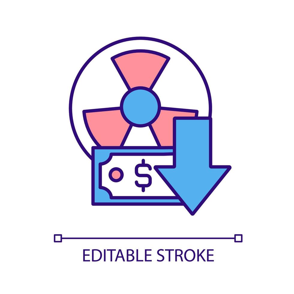 Low cost nuclear energy RGB color icon. Affordable renewable power source. Economic advantage. Cheap form of energy. Isolated vector illustration. Simple filled line drawing. Editable stroke