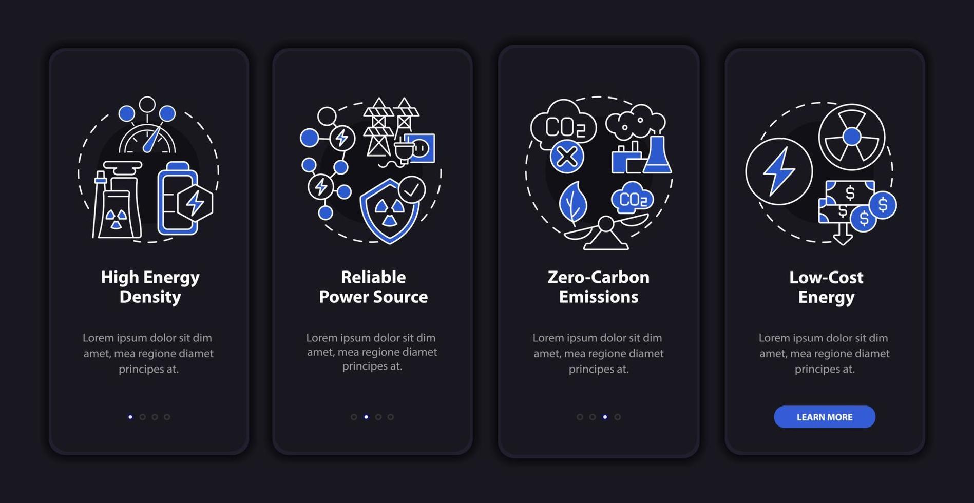 pantalla de la página de la aplicación móvil de incorporación de energía nuclear innovadora. Instrucciones gráficas de 4 pasos con cero emisiones con conceptos. ui, ux, plantilla vectorial gui con ilustraciones lineales en modo nocturno vector