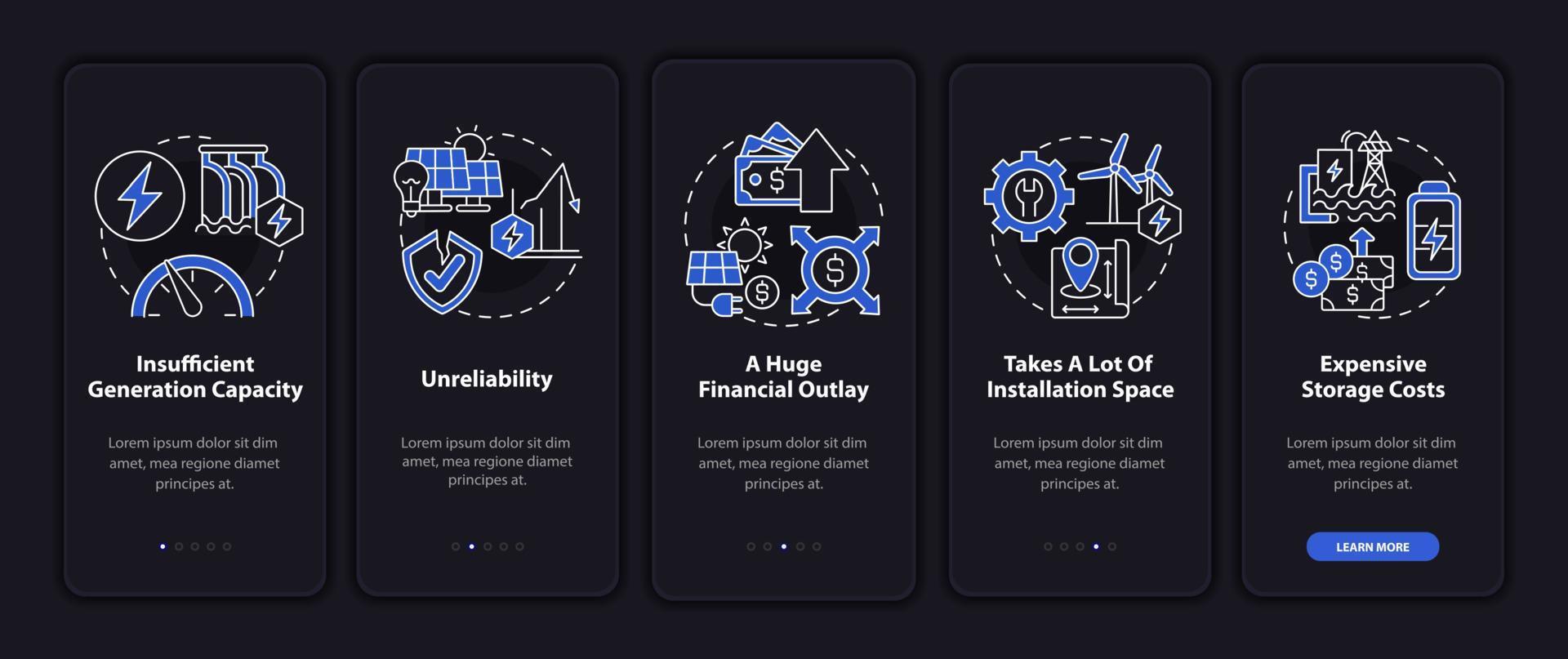 Renewable energy challenges onboarding mobile app page screen. Unreliability walkthrough 5 steps graphic instructions with concepts. UI, UX, GUI vector template with linear night mode illustrations