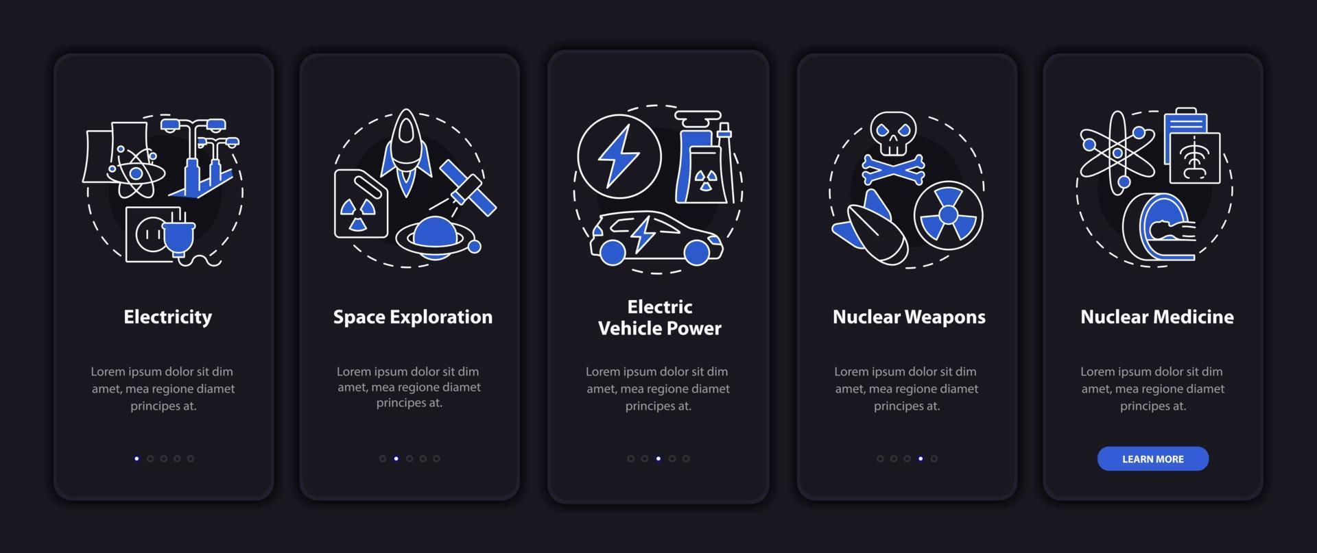 pantalla de la página de la aplicación móvil de incorporación de uso de energía nuclear. Tutorial de medicina nuclear 5 pasos instrucciones gráficas con conceptos. ui, ux, plantilla vectorial gui con ilustraciones lineales en modo nocturno vector