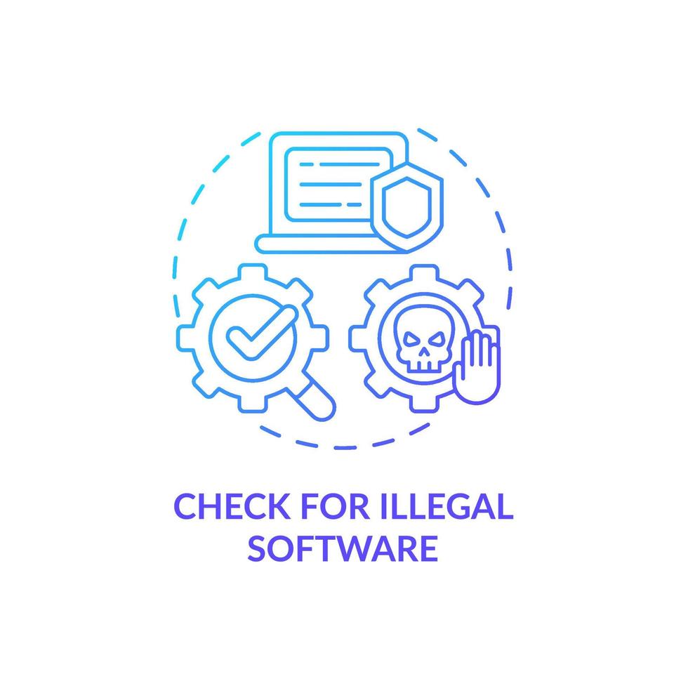 Compruebe si hay un icono de concepto de gradiente azul de software ilegal. seguridad del ciberespacio. seguridad informática. supervisión de empleados idea abstracta ilustración de línea delgada. dibujo de color de contorno aislado vectorial vector