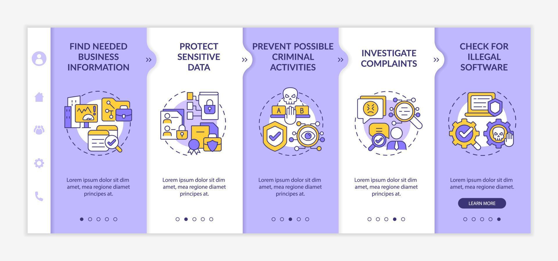 Surveillance legal uses onboarding vector template. Responsive mobile website with icons. Web page walkthrough 5 step screens. Work tracking color concept with linear illustrations