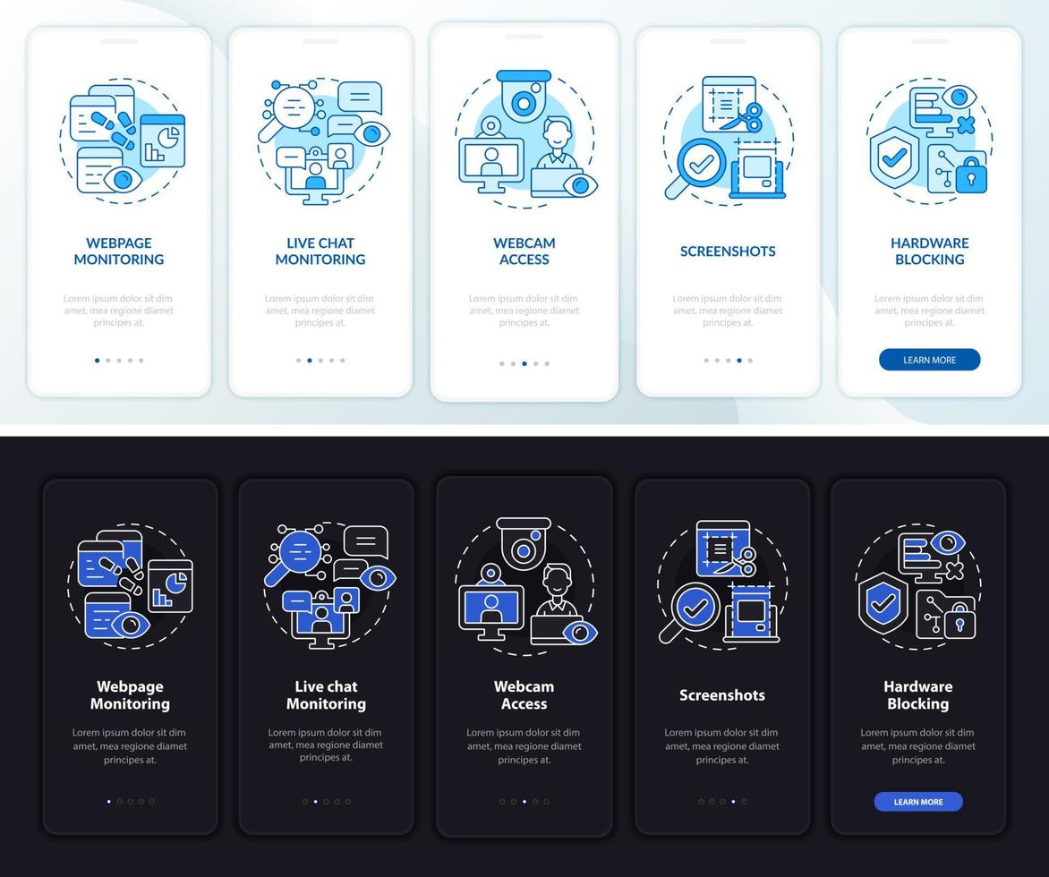 Employee monitoring software dark, light onboarding mobile app page screen. Work walkthrough 5 step graphic instructions with concepts. UI, UX, GUI vector template with night and day mode illustration