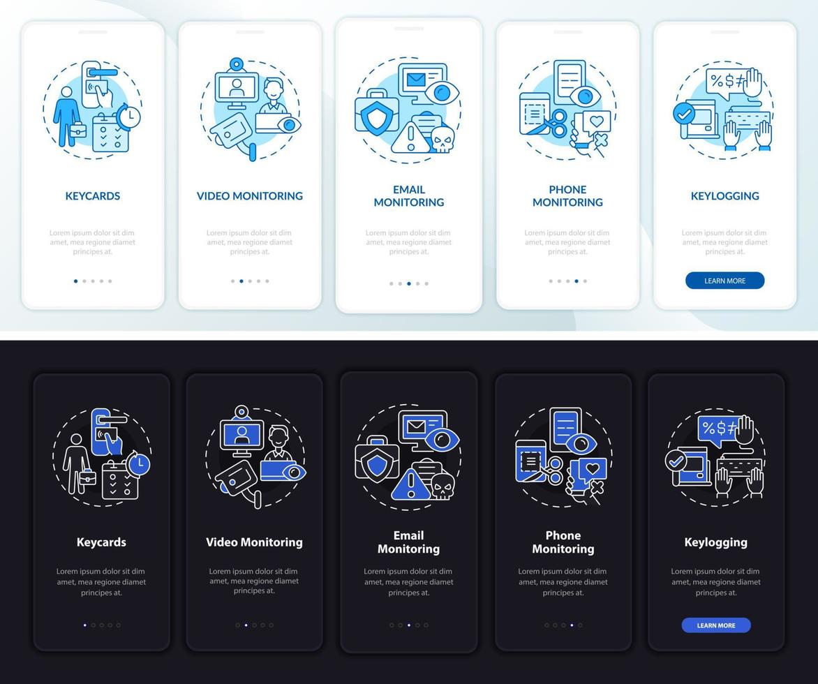 Employee monitoring types dark, light onboarding mobile app page screen. Work walkthrough 5 steps graphic instructions with concepts. UI, UX, GUI vector template with night and day mode illustrations