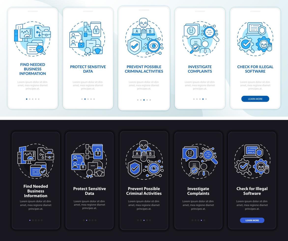 Surveillance legality dark, light onboarding mobile app page screen. Control walkthrough 5 steps graphic instructions with concepts. UI, UX, GUI vector template with night and day mode illustrations