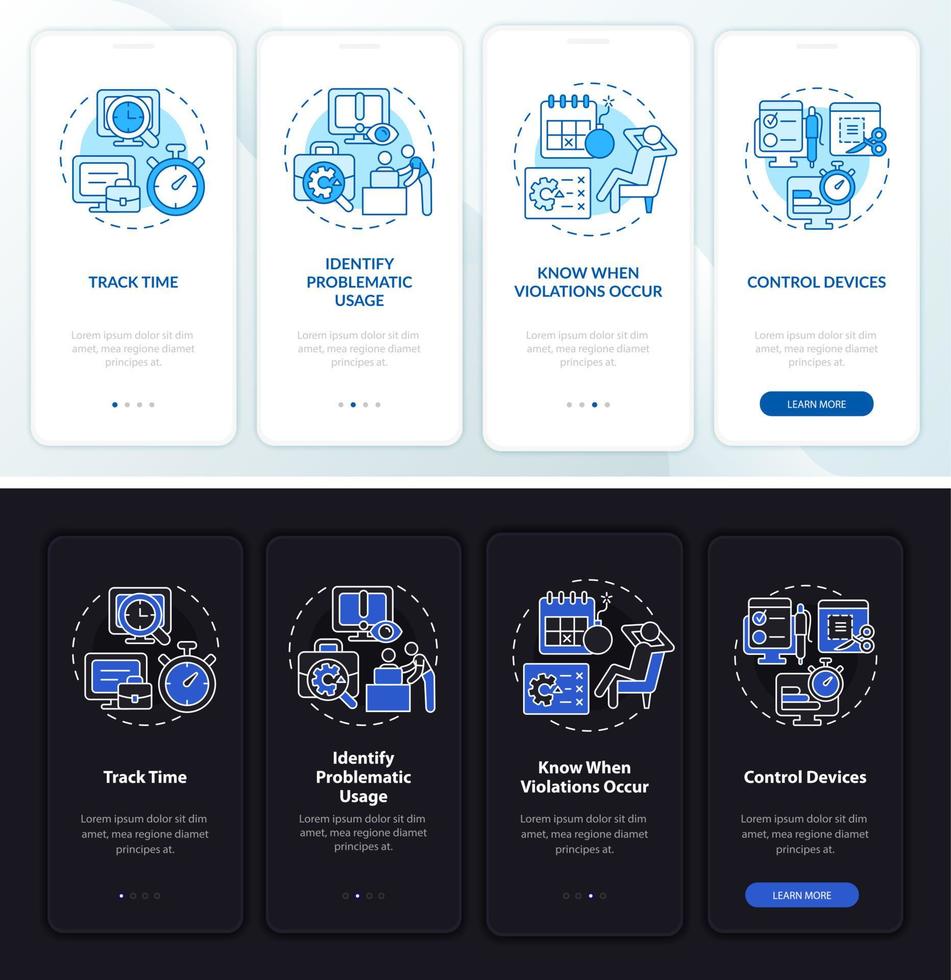 Employee monitoring benefit dark, light onboarding mobile app page screen. Work walkthrough 4 steps graphic instructions with concepts. UI, UX, GUI vector template with night and day mode illustration