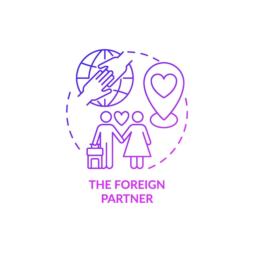 Foreign partner purple gradient concept icon. Expats types abstract idea thin line illustration. Finding love abroad. Romantic relationship overseas. Vector isolated outline color drawing