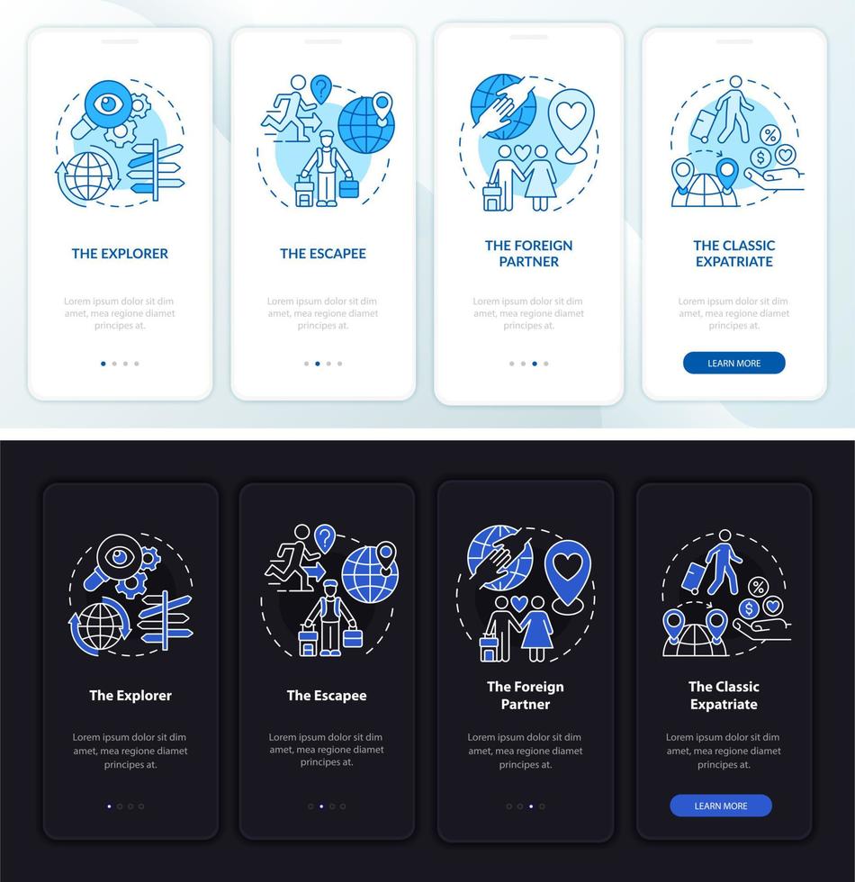 Expats types dark, light onboarding mobile app page screen. Walkthrough 4 steps graphic instructions with concepts. UI, UX, GUI vector template with linear night and day mode illustrations