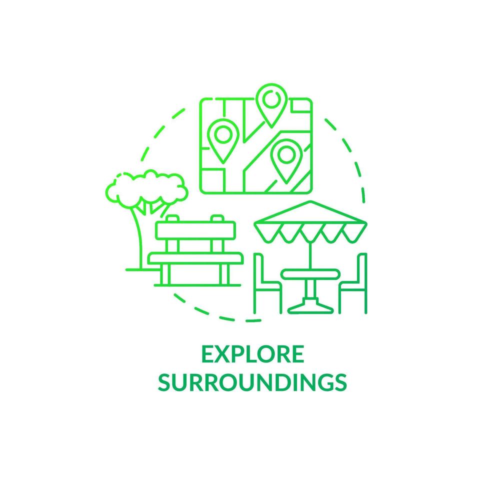 Explore surroundings green gradient concept icon. Adjusting to living abroad abstract idea thin line illustration. Sightseeing and walking. Local culture. Vector isolated outline color drawing