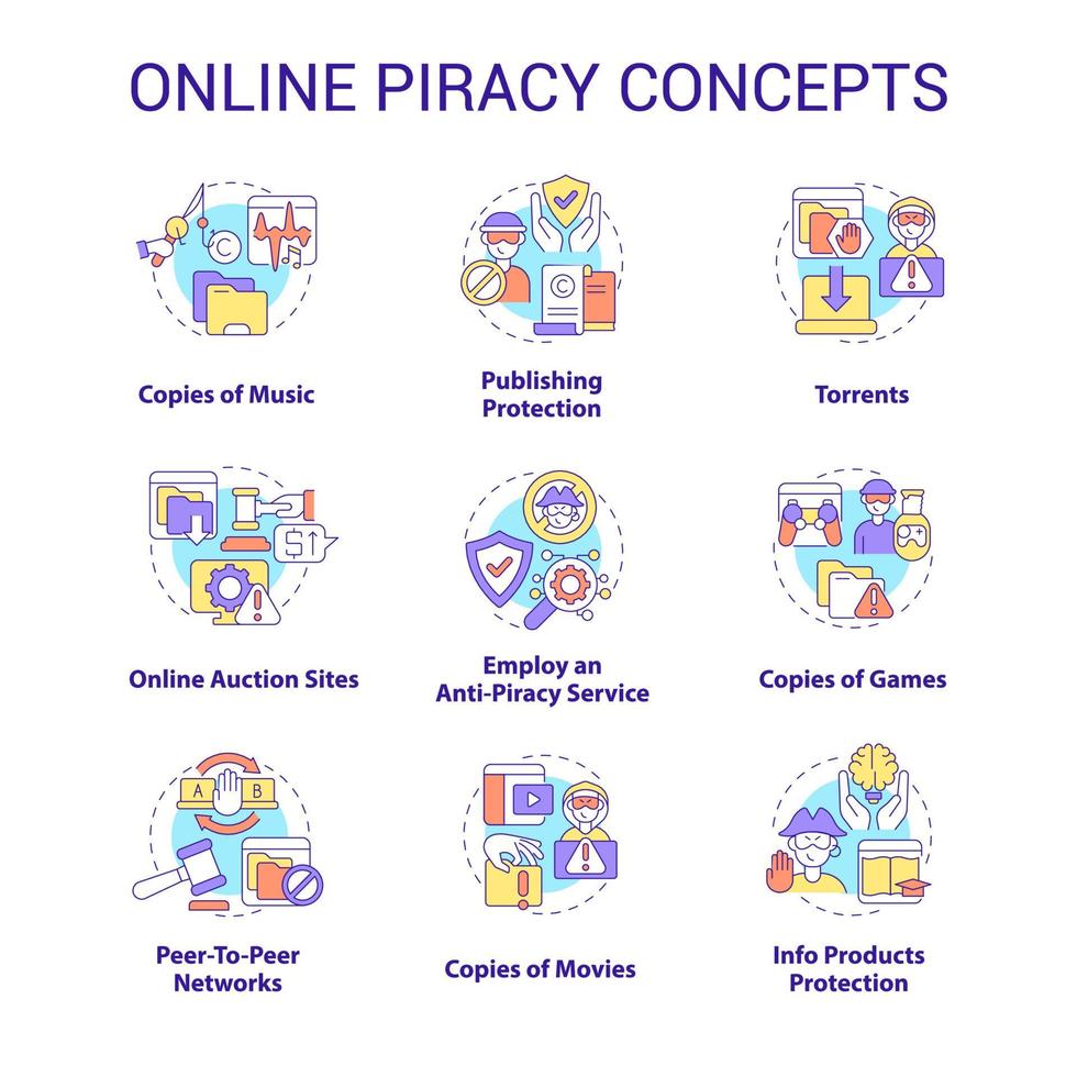 Online piracy concept icons set. Copyrighted content idea thin line color illustrations. Copies of music. Anti-piracy service. Publishing protection. Vector isolated outline drawings. Editable stroke