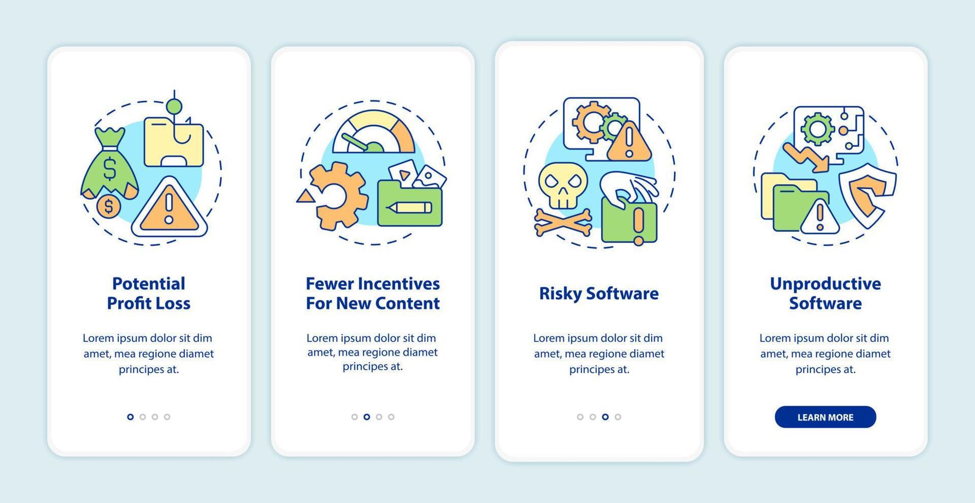 Disadvantages of online piracy onboarding mobile app page screen. Risky software walkthrough 4 steps graphic instructions with concepts. UI, UX, GUI vector template with linear color illustrations