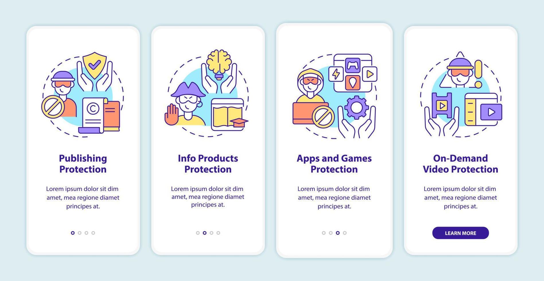 Content to protect from piracy onboarding mobile app page screen. Apps and games walkthrough 4 steps graphic instructions with concepts. UI, UX, GUI vector template with linear color illustrations
