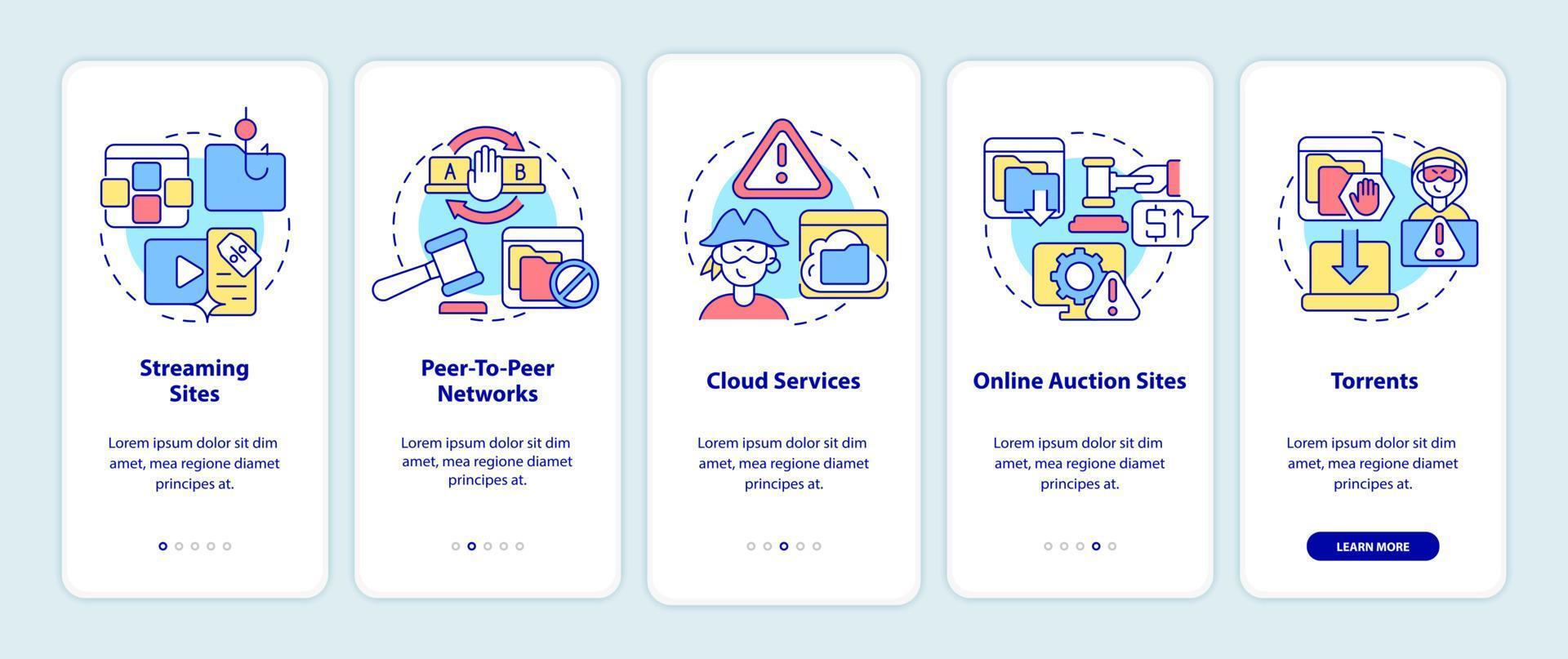 Sources of piracy onboarding mobile app page screen. Peer-to-peer networks walkthrough 5 steps graphic instructions with concepts. UI, UX, GUI vector template with linear color illustrations