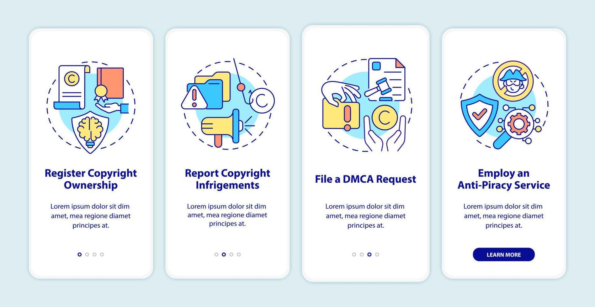 Content protection onboarding mobile app page screen. Registered ownership walkthrough 4 steps graphic instructions with concepts. UI, UX, GUI vector template with linear color illustrations