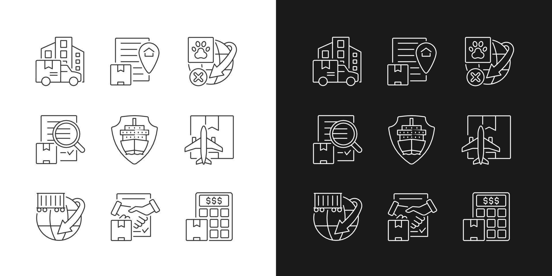 Worldwide shipping professional service linear icons set for dark and light mode. Guaranteed on-time delivery. Cargo protection. Customizable thin line symbols. Isolated vector outline illustrations