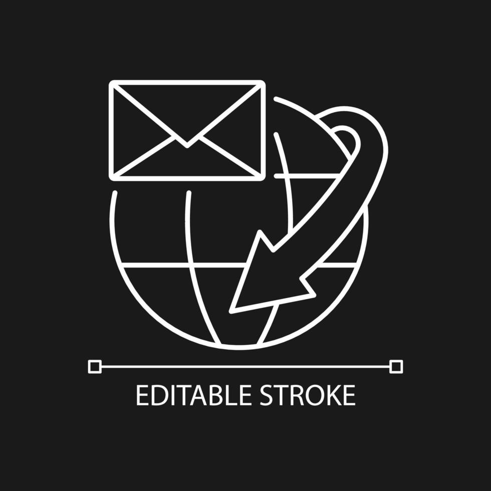 International mail shipping white linear icon for dark theme. Post company business. Thin line customizable illustration. Isolated vector contour symbol for night mode. Editable stroke