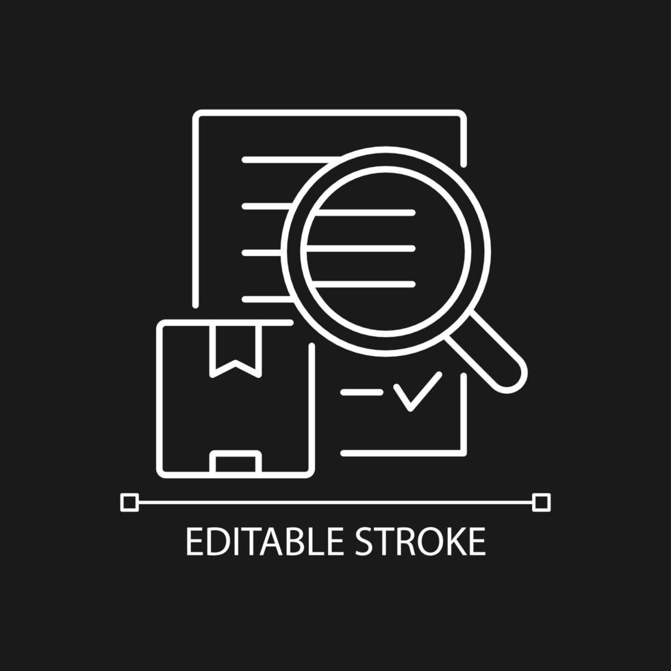 Shipping audit control white linear icon for dark theme. Certificate of cargo and service quality. Thin line customizable illustration. Isolated vector contour symbol for night mode. Editable stroke