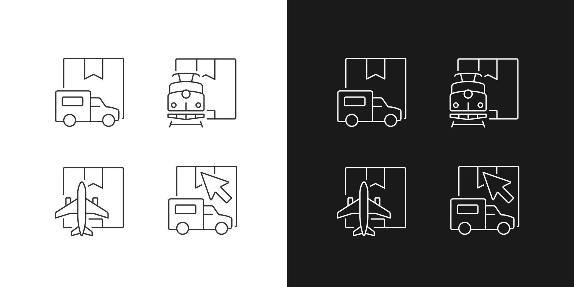 International shipment documents linear icons set for dark and light mode. Packing list, origin certificate and export license. Customizable thin line symbols. Isolated vector outline illustrations