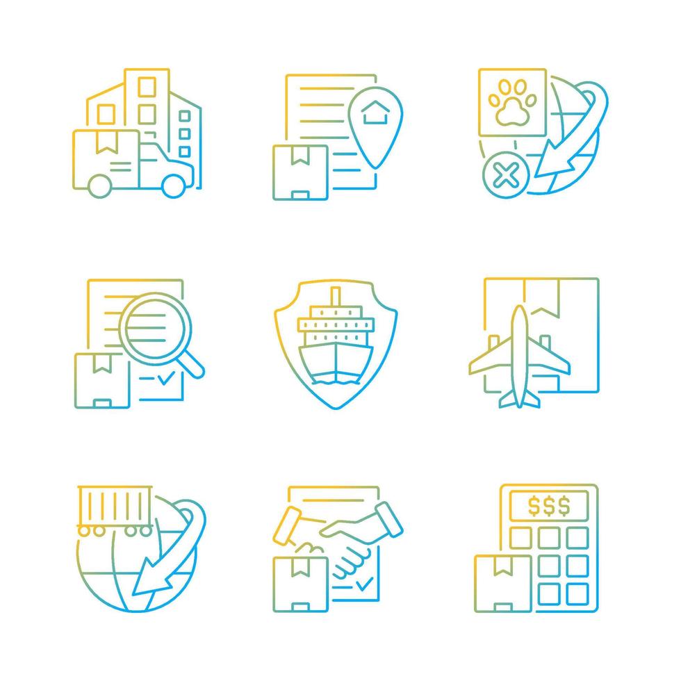 International logistics business gradient linear vector icons set. Global transportation service. Professional delivering. Thin line contour symbols bundle. Isolated outline illustrations collection