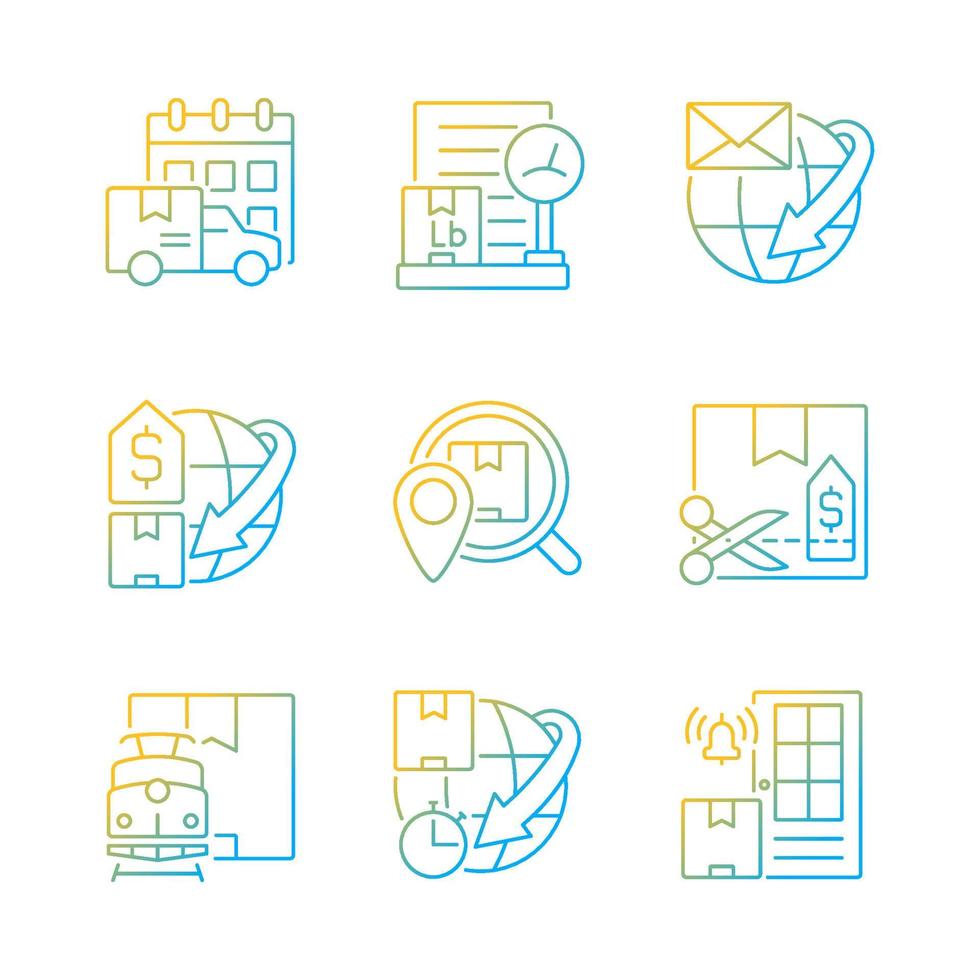 Worldwide shipping professional service gradient linear vector icons set. Guaranteed orders delivery. Cargo protection. Thin line contour symbols bundle. Isolated outline illustrations collection