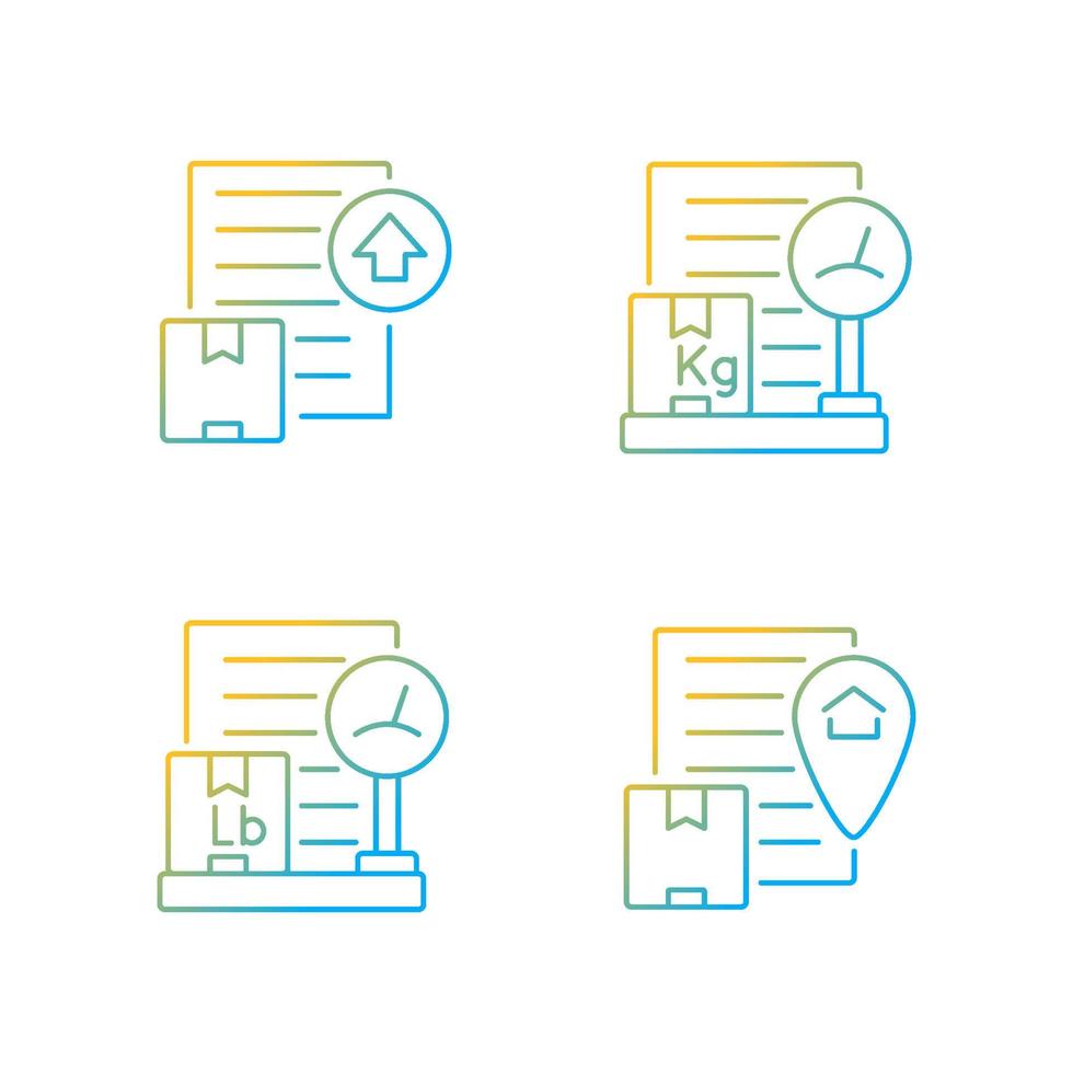 International shipment documents gradient linear vector icons set. Packing list, origin certificate and export license. Thin line contour symbols bundle. Isolated outline illustrations collection