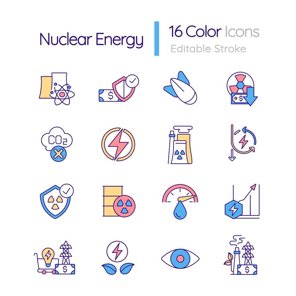 Nuclear energy RGB color icons set. Economic advantage. Nuclear power plant. Reduce carbon emissions. Isolated vector illustrations. Simple filled line drawings collection. Editable stroke