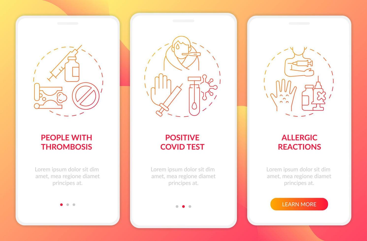 Reasons for medical exceptions onboarding mobile app page screen. Allergic reactions walkthrough 3 steps graphic instructions with concepts. UI, UX, GUI vector template with linear color illustrations